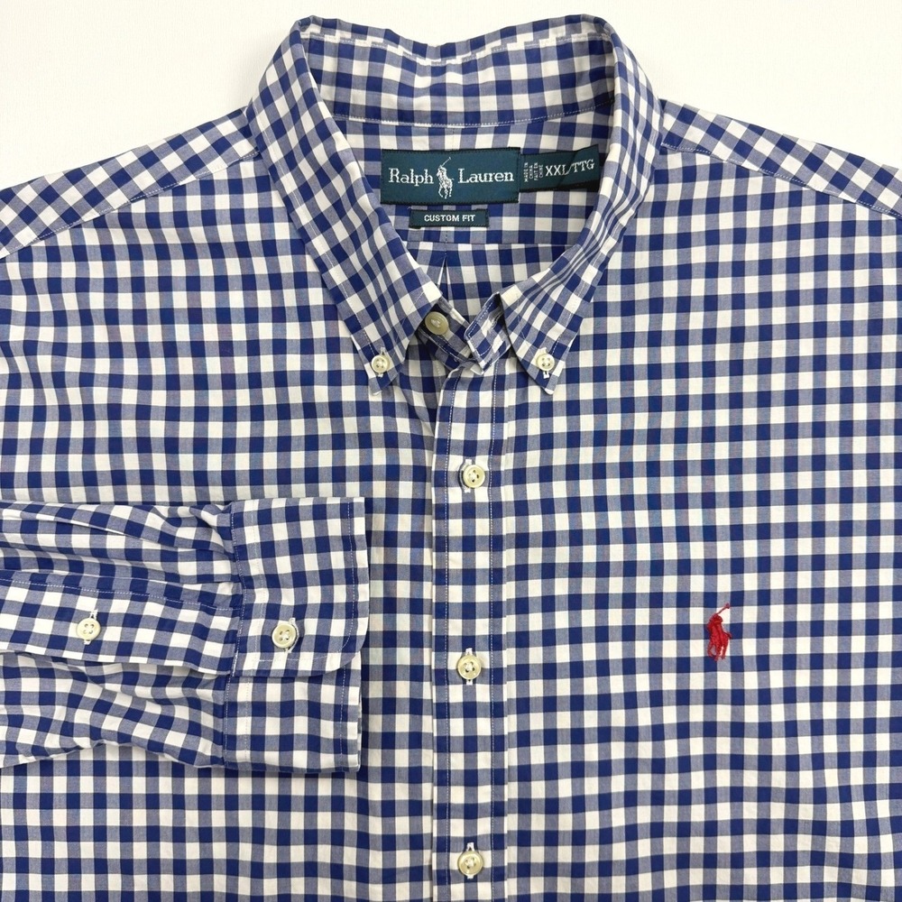 Ralph Lauren Button Down Mens XXL Blue Gingham Custom Fit Cotton Shirt Preppy